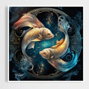 Pisces Zodiac Wall Art Illustration Watercolor Oil Painting‎ Print